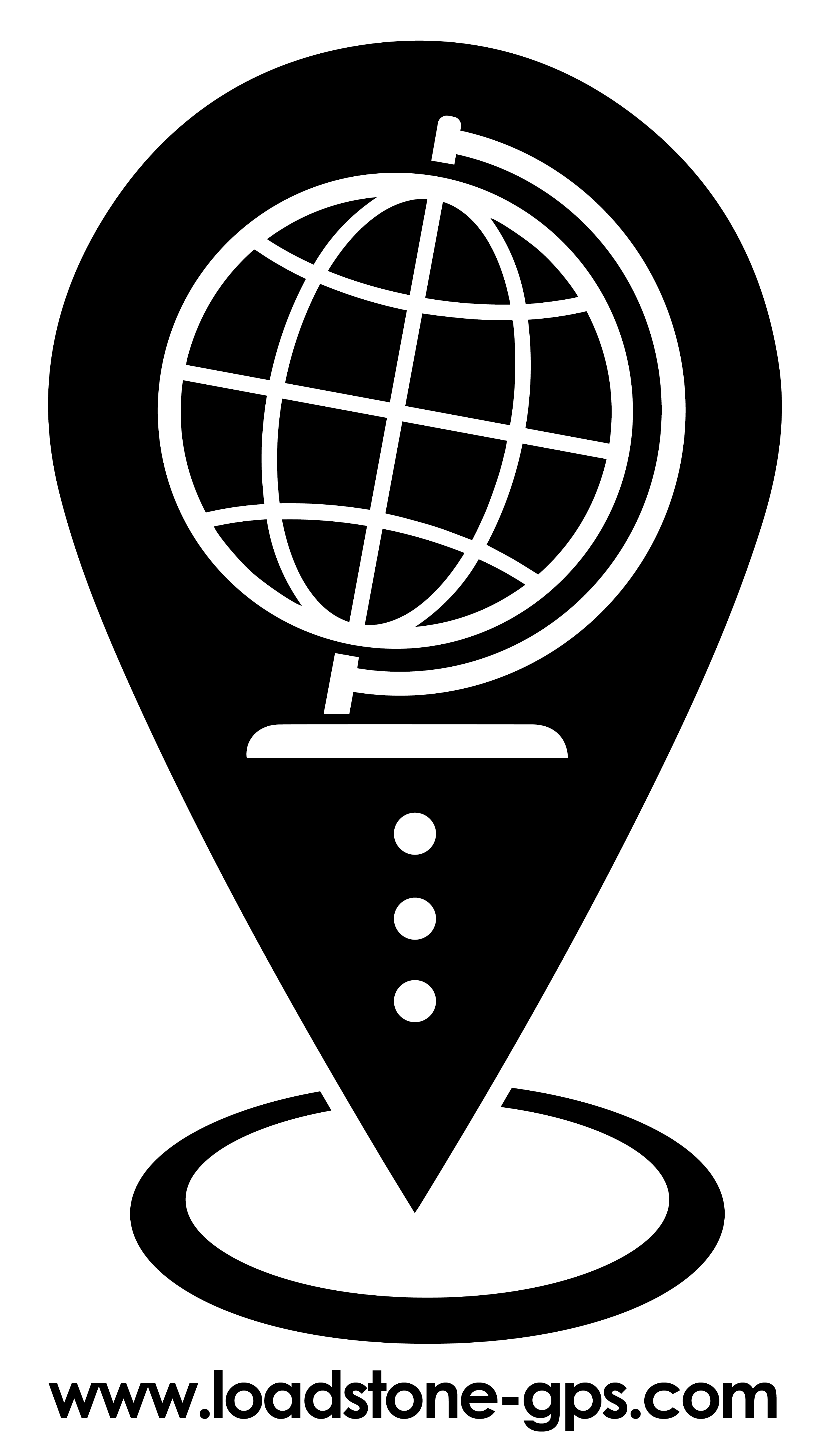 The Loadstone logo with a black locator symbol and white lines of latitude