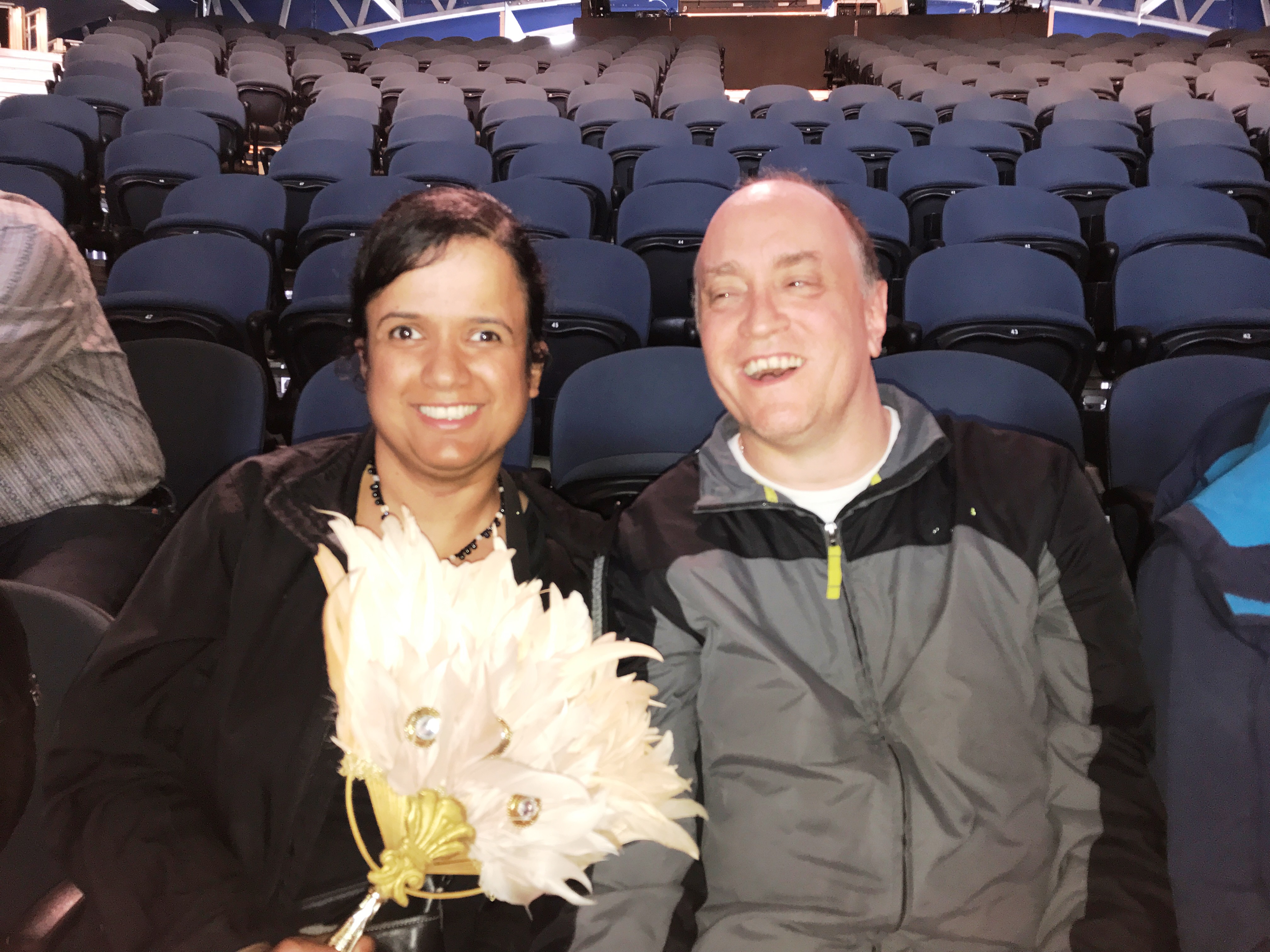 Kristy and Shawn at the post-show touch tour, Viola's antique fan in hand