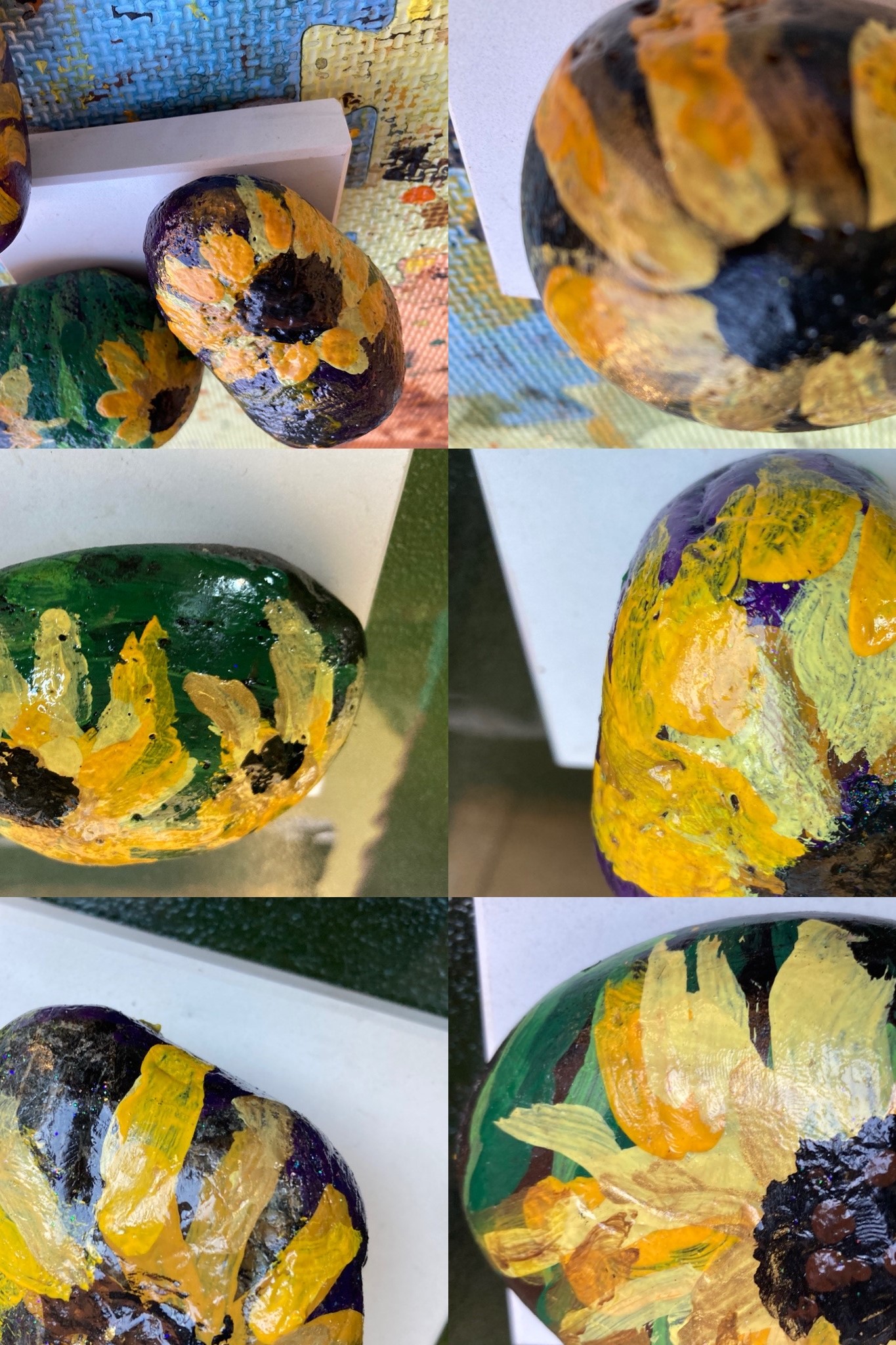 A collage of Kristy's handpainted sunflower rocks